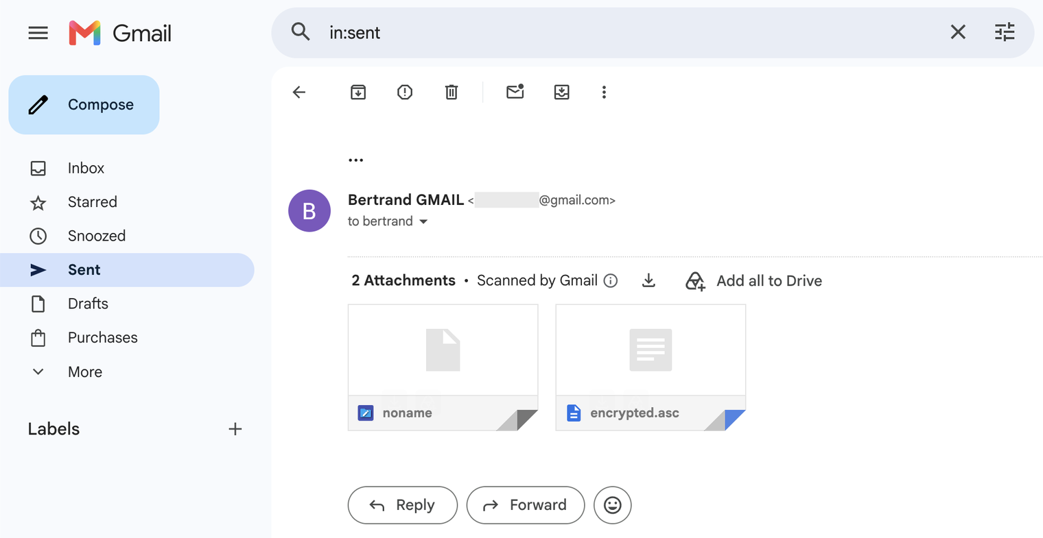 Le dossier « Envoyés » de Gmail : un message sans objet, dont tout le contenu tient dans deux pièces jointes, dont un fichier encrypted.asc.